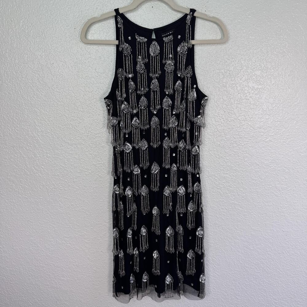 Aidan Mattox Dress Women 4 Beaded Fringe Black Mesh Flapper Sheath Party Evening